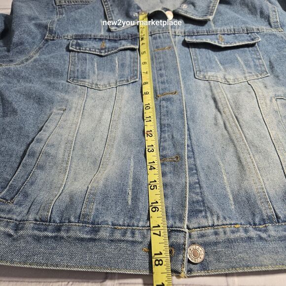 Blue  Denim Jacket With Grey detachable Hood with pockets long sleeve med denim - Picture 9 of 10